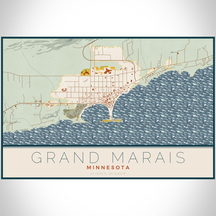 Grand Marais Minnesota Map Print Landscape Orientation in Woodblock Style With Shaded Background