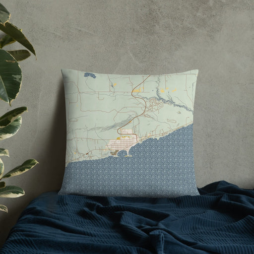 Custom Grand Marais Minnesota Map Throw Pillow in Woodblock on Bedding Against Wall