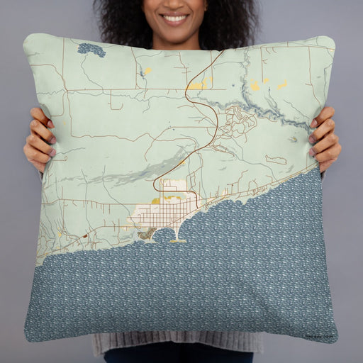 Person holding 22x22 Custom Grand Marais Minnesota Map Throw Pillow in Woodblock