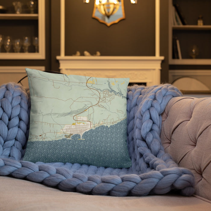 Custom Grand Marais Minnesota Map Throw Pillow in Woodblock on Cream Colored Couch