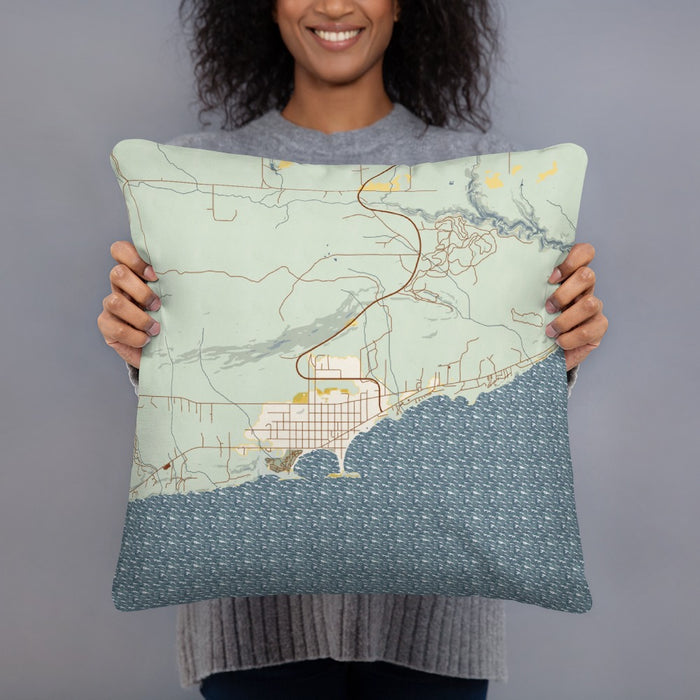 Person holding 18x18 Custom Grand Marais Minnesota Map Throw Pillow in Woodblock