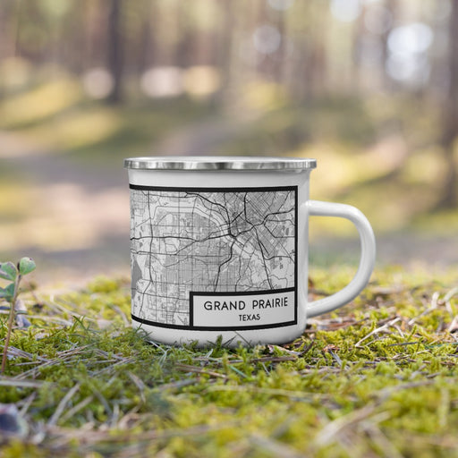 Right View Custom Grand Prairie Texas Map Enamel Mug in Classic on Grass With Trees in Background