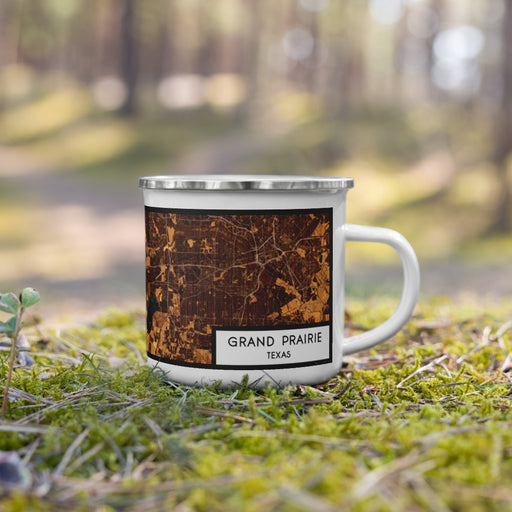Right View Custom Grand Prairie Texas Map Enamel Mug in Ember on Grass With Trees in Background