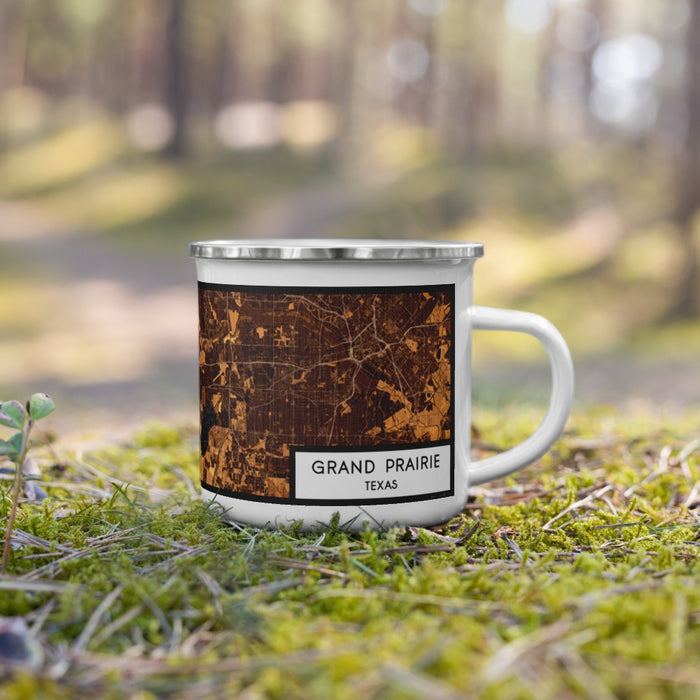 Right View Custom Grand Prairie Texas Map Enamel Mug in Ember on Grass With Trees in Background