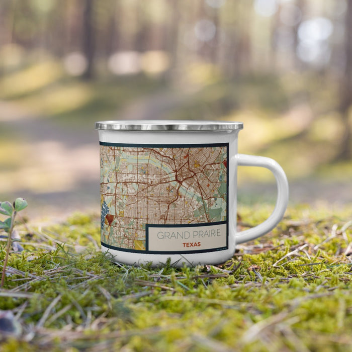 Right View Custom Grand Prairie Texas Map Enamel Mug in Woodblock on Grass With Trees in Background