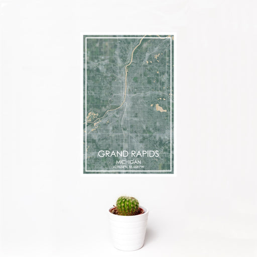 12x18 Grand Rapids Michigan Map Print Portrait Orientation in Afternoon Style With Small Cactus Plant in White Planter