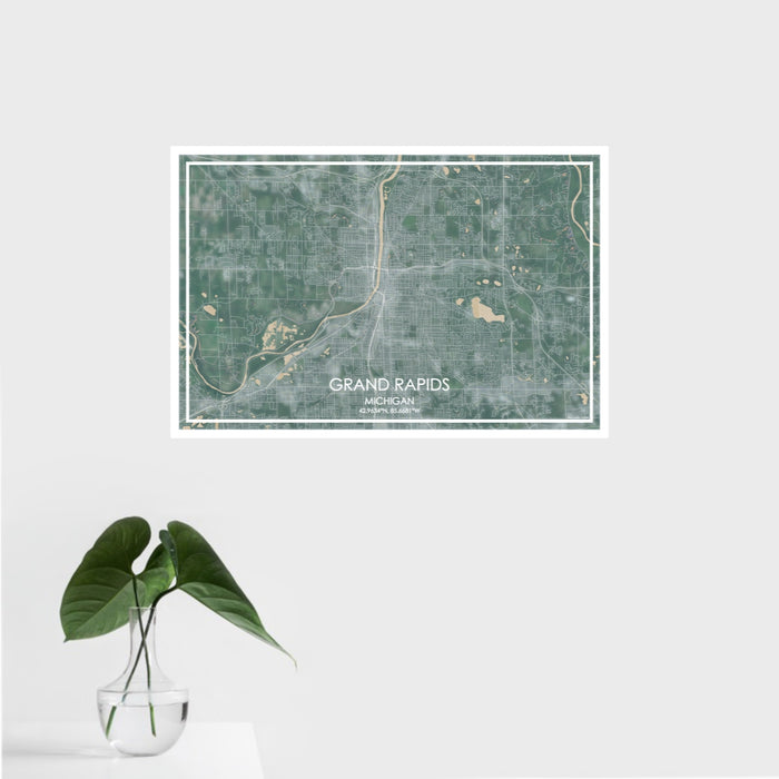 16x24 Grand Rapids Michigan Map Print Landscape Orientation in Afternoon Style With Tropical Plant Leaves in Water