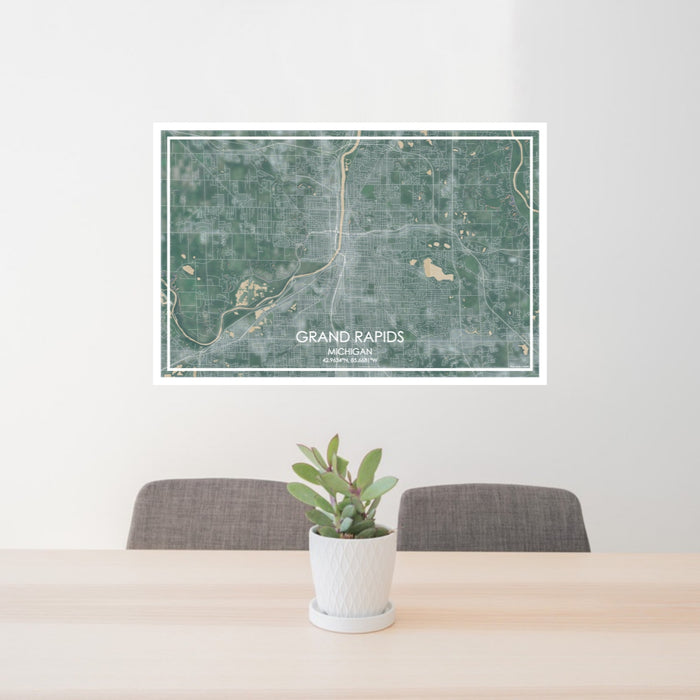 24x36 Grand Rapids Michigan Map Print Lanscape Orientation in Afternoon Style Behind 2 Chairs Table and Potted Plant