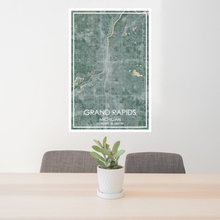 24x36 Grand Rapids Michigan Map Print Portrait Orientation in Afternoon Style Behind 2 Chairs Table and Potted Plant