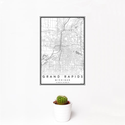 12x18 Grand Rapids Michigan Map Print Portrait Orientation in Classic Style With Small Cactus Plant in White Planter