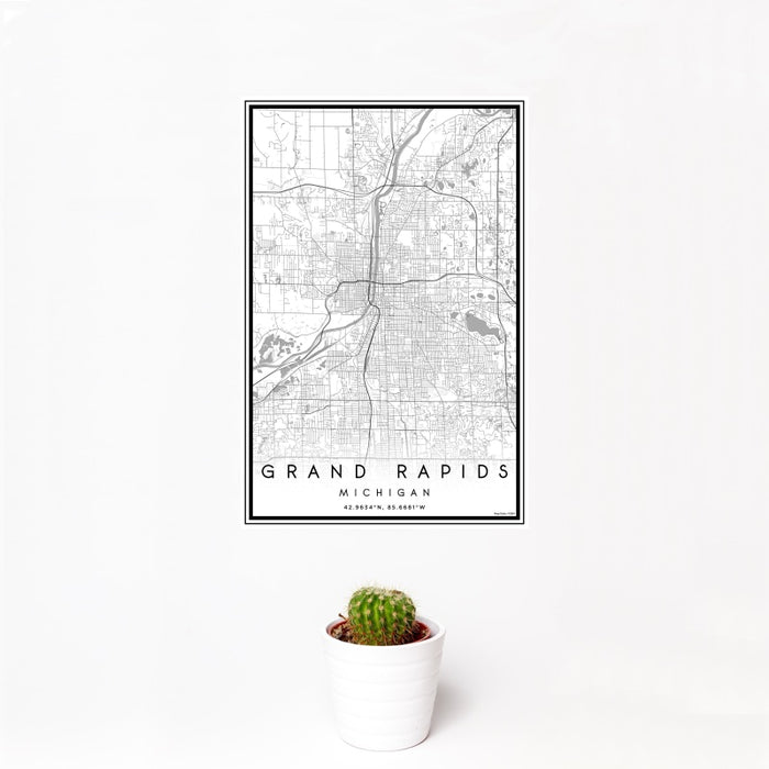 12x18 Grand Rapids Michigan Map Print Portrait Orientation in Classic Style With Small Cactus Plant in White Planter