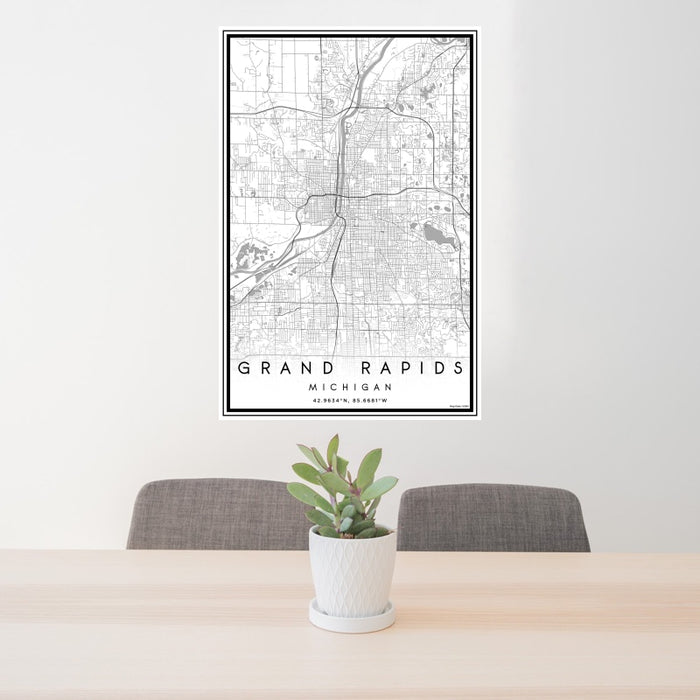24x36 Grand Rapids Michigan Map Print Portrait Orientation in Classic Style Behind 2 Chairs Table and Potted Plant