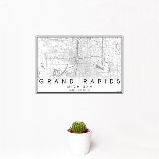 12x18 Grand Rapids Michigan Map Print Landscape Orientation in Classic Style With Small Cactus Plant in White Planter