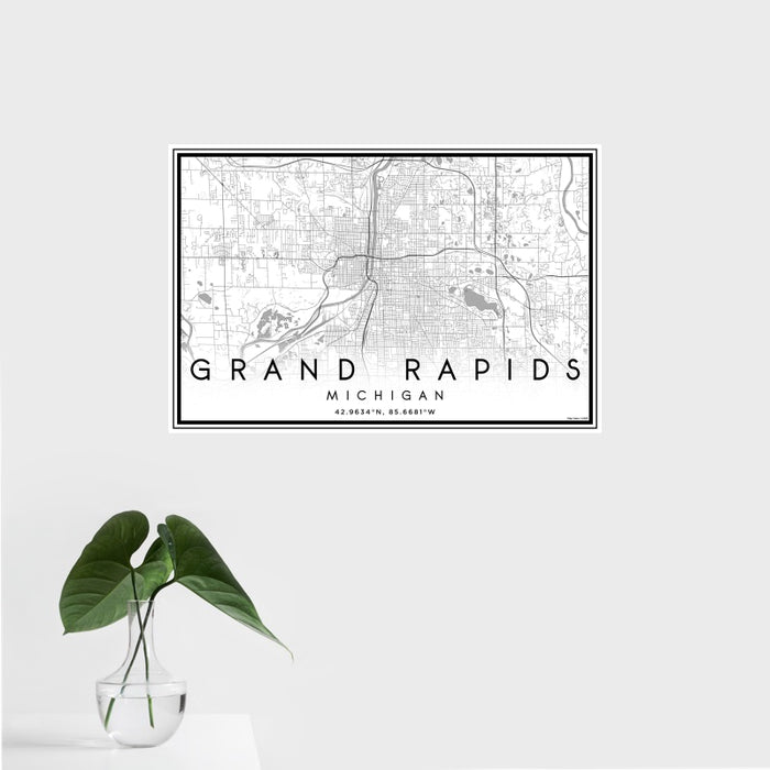 16x24 Grand Rapids Michigan Map Print Landscape Orientation in Classic Style With Tropical Plant Leaves in Water