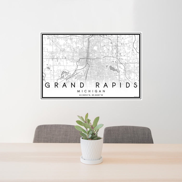24x36 Grand Rapids Michigan Map Print Landscape Orientation in Classic Style Behind 2 Chairs Table and Potted Plant