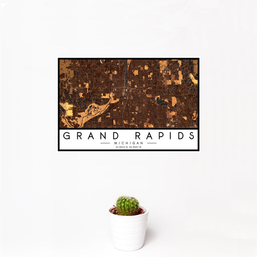 12x18 Grand Rapids Michigan Map Print Landscape Orientation in Ember Style With Small Cactus Plant in White Planter