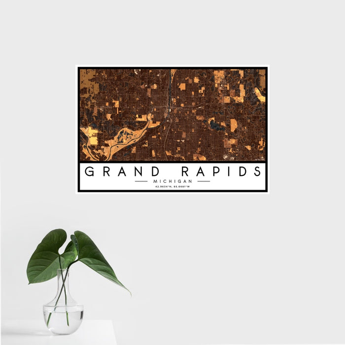 16x24 Grand Rapids Michigan Map Print Landscape Orientation in Ember Style With Tropical Plant Leaves in Water