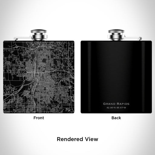 Rendered View of Grand Rapids Michigan Map Engraving on 6oz Stainless Steel Flask in Black