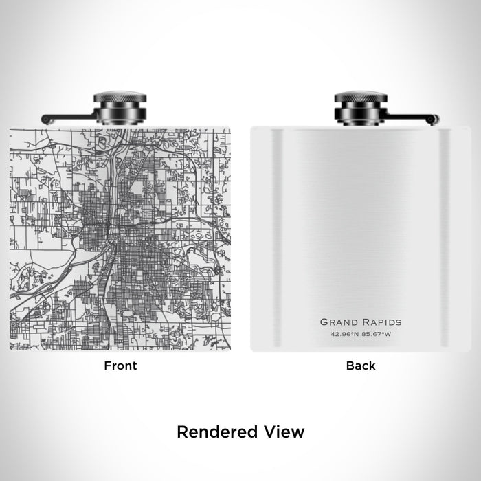 Rendered View of Grand Rapids Michigan Map Engraving on 6oz Stainless Steel Flask in White