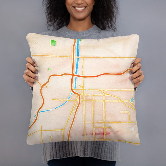 Person holding 18x18 Custom Grand Rapids Michigan Map Throw Pillow in Watercolor