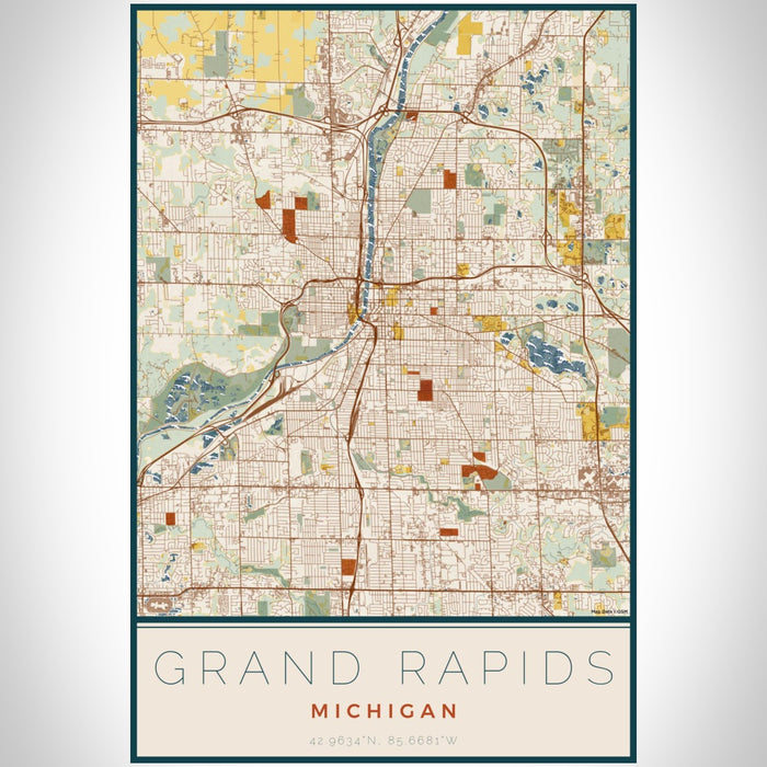 Grand Rapids Michigan Map Print Portrait Orientation in Woodblock Style With Shaded Background