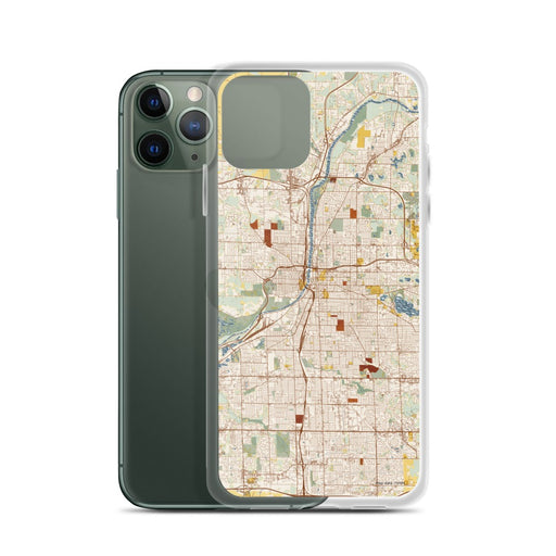 Custom Grand Rapids Michigan Map Phone Case in Woodblock on Table with Laptop and Plant