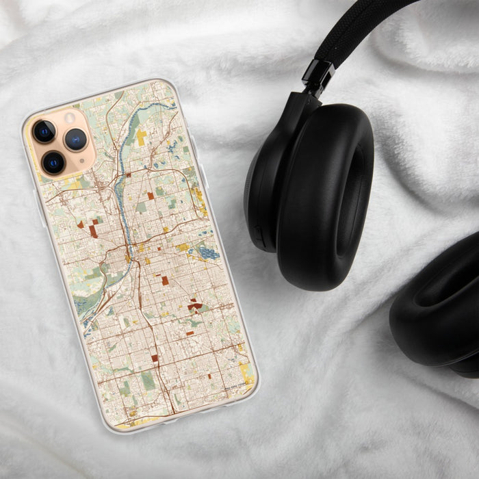 Custom Grand Rapids Michigan Map Phone Case in Woodblock on Table with Black Headphones