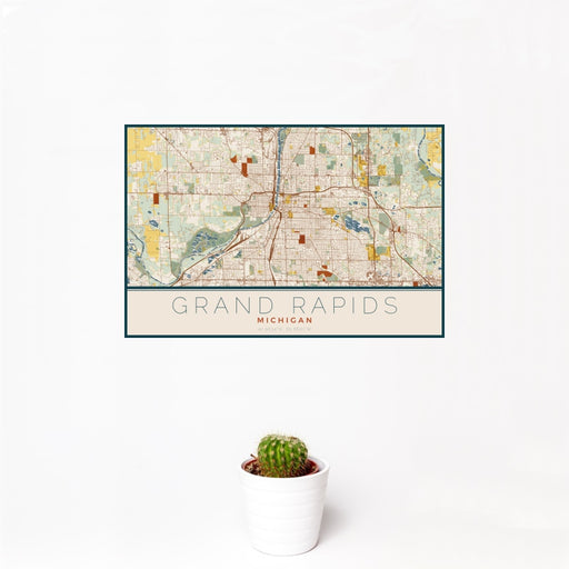 12x18 Grand Rapids Michigan Map Print Landscape Orientation in Woodblock Style With Small Cactus Plant in White Planter