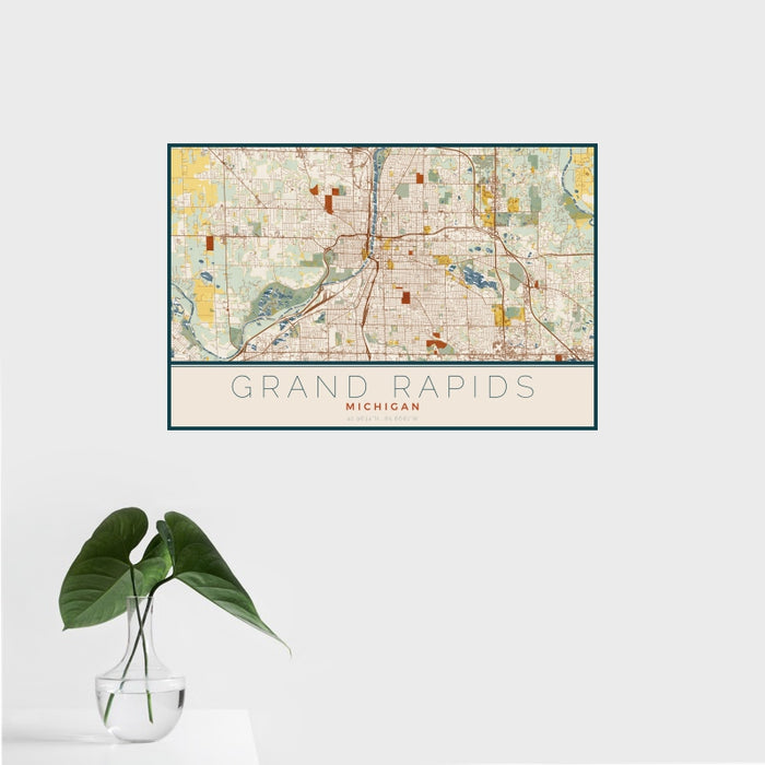 16x24 Grand Rapids Michigan Map Print Landscape Orientation in Woodblock Style With Tropical Plant Leaves in Water