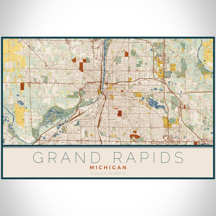 Grand Rapids Michigan Map Print Landscape Orientation in Woodblock Style With Shaded Background