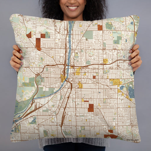 Person holding 22x22 Custom Grand Rapids Michigan Map Throw Pillow in Woodblock