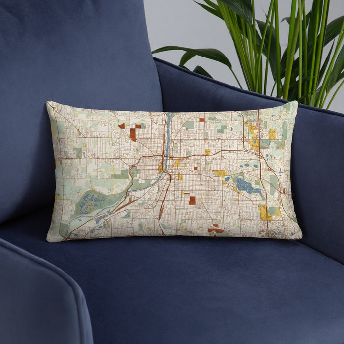 Custom Grand Rapids Michigan Map Throw Pillow in Woodblock on Blue Colored Chair