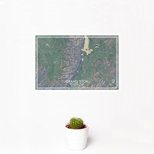12x18 Grand Teton National Park Map Print Landscape Orientation in Afternoon Style With Small Cactus Plant in White Planter