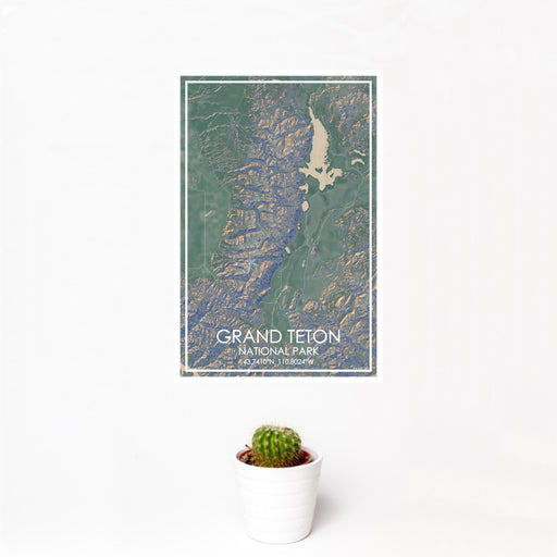 12x18 Grand Teton National Park Map Print Portrait Orientation in Afternoon Style With Small Cactus Plant in White Planter