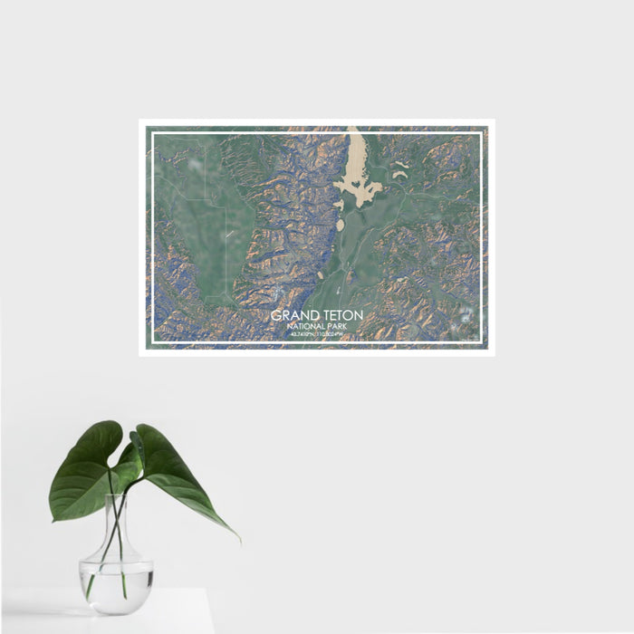 16x24 Grand Teton National Park Map Print Landscape Orientation in Afternoon Style With Tropical Plant Leaves in Water