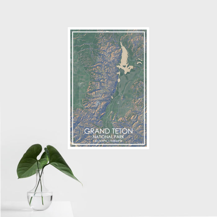 16x24 Grand Teton National Park Map Print Portrait Orientation in Afternoon Style With Tropical Plant Leaves in Water