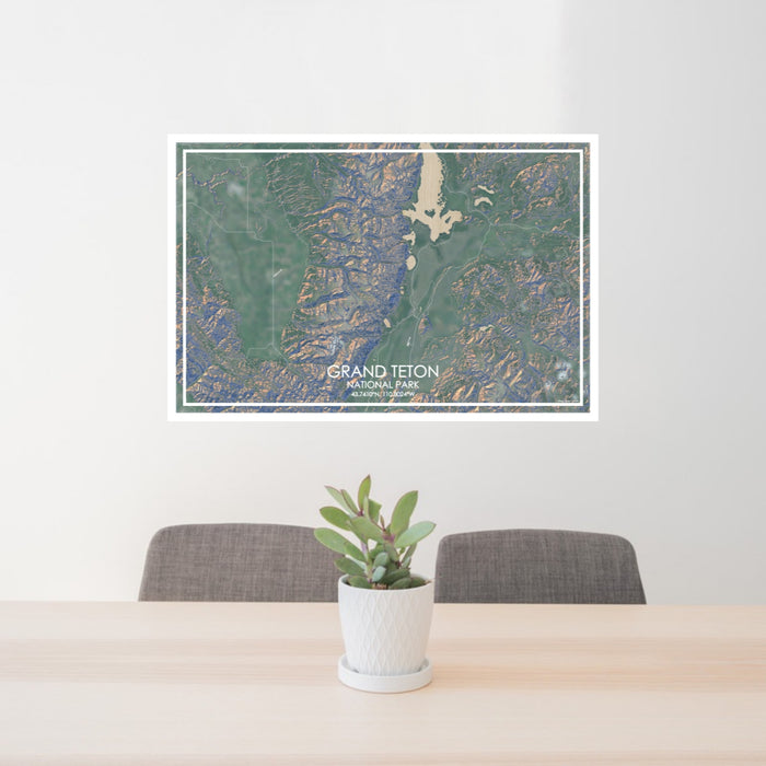 24x36 Grand Teton National Park Map Print Lanscape Orientation in Afternoon Style Behind 2 Chairs Table and Potted Plant