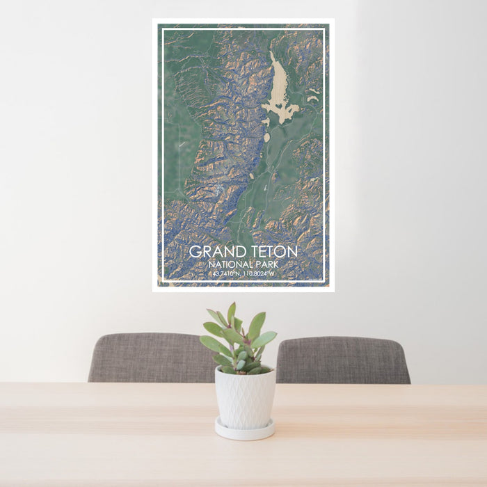24x36 Grand Teton National Park Map Print Portrait Orientation in Afternoon Style Behind 2 Chairs Table and Potted Plant