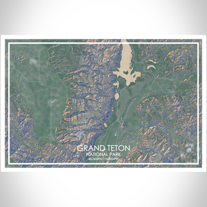 Grand Teton National Park Map Print Landscape Orientation in Afternoon Style With Shaded Background
