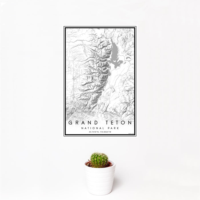 12x18 Grand Teton National Park Map Print Portrait Orientation in Classic Style With Small Cactus Plant in White Planter
