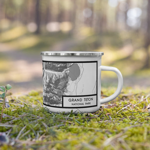 Right View Custom Grand Teton National Park Map Enamel Mug in Classic on Grass With Trees in Background