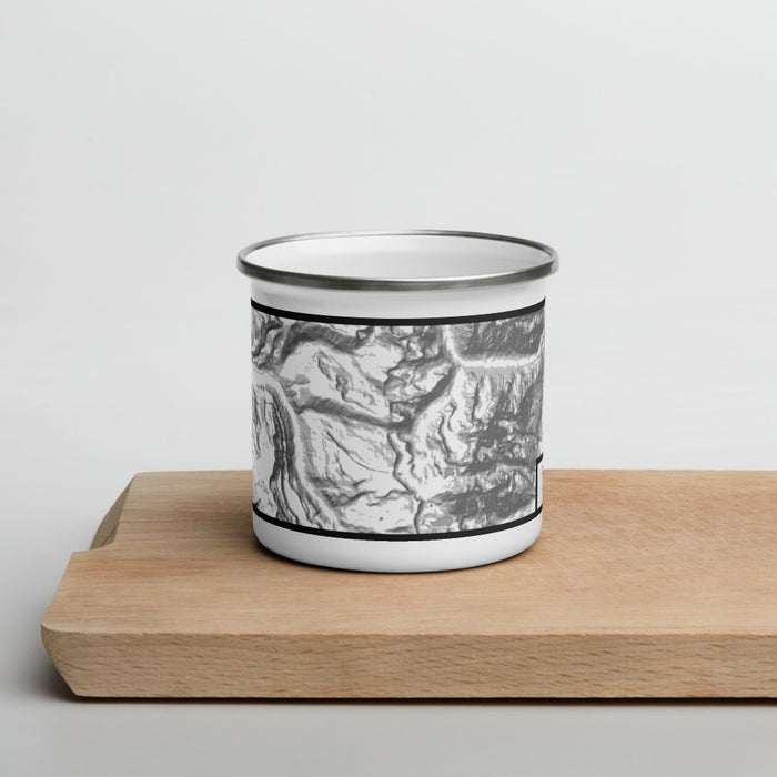 Front View Custom Grand Teton National Park Map Enamel Mug in Classic on Cutting Board