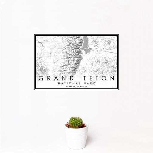 12x18 Grand Teton National Park Map Print Landscape Orientation in Classic Style With Small Cactus Plant in White Planter