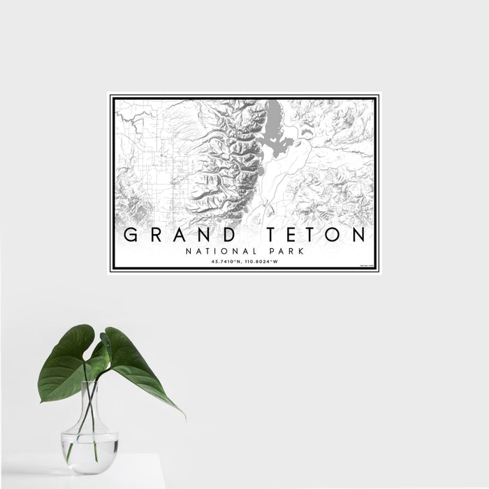 16x24 Grand Teton National Park Map Print Landscape Orientation in Classic Style With Tropical Plant Leaves in Water