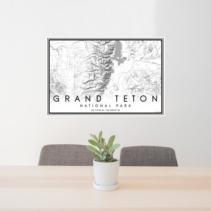 24x36 Grand Teton National Park Map Print Landscape Orientation in Classic Style Behind 2 Chairs Table and Potted Plant