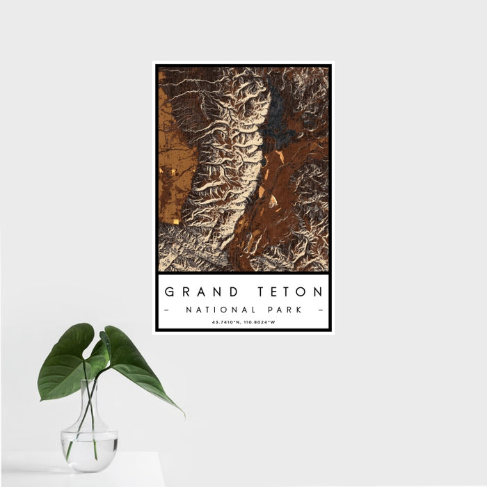 16x24 Grand Teton National Park Map Print Portrait Orientation in Ember Style With Tropical Plant Leaves in Water