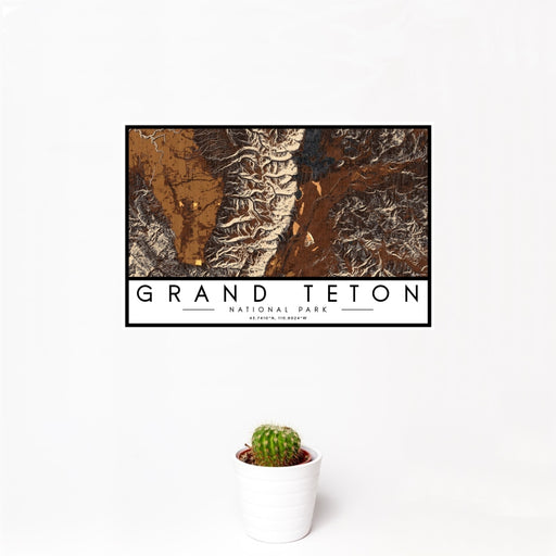 12x18 Grand Teton National Park Map Print Landscape Orientation in Ember Style With Small Cactus Plant in White Planter