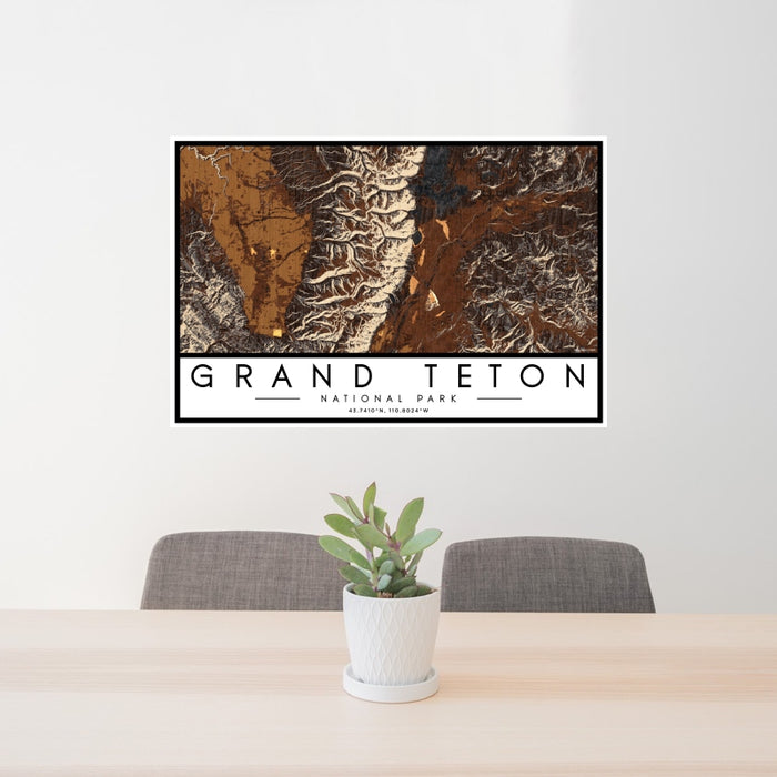 24x36 Grand Teton National Park Map Print Landscape Orientation in Ember Style Behind 2 Chairs Table and Potted Plant