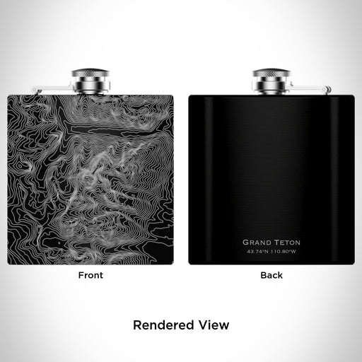 Rendered View of Grand Teton National Park Map Engraving on 6oz Stainless Steel Flask in Black