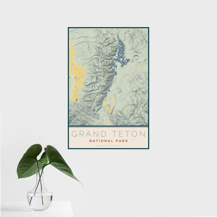 16x24 Grand Teton National Park Map Print Portrait Orientation in Woodblock Style With Tropical Plant Leaves in Water